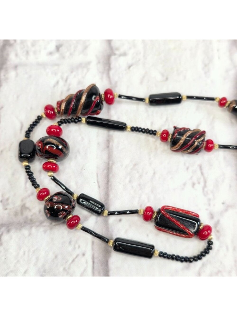 Vintage Glass Necklace & Earrings Set Venetian Murano? Black & Red Dangle - Picture 4 of 8